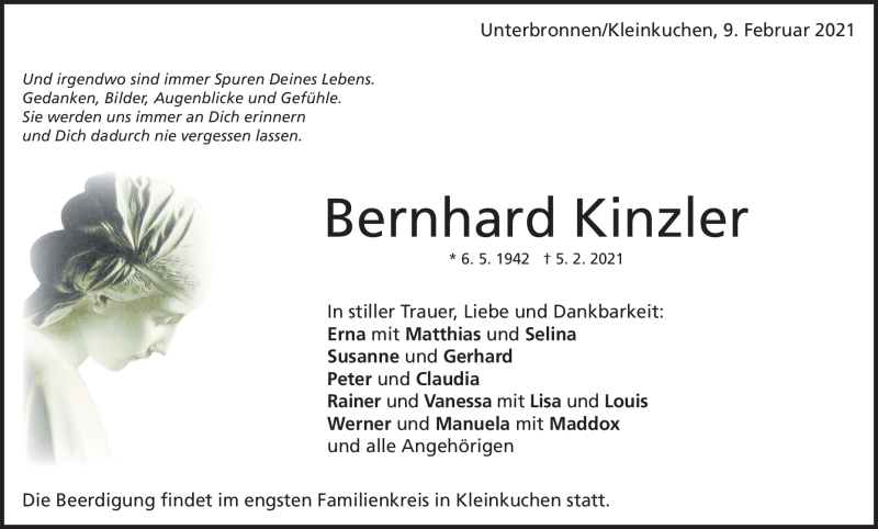  Traueranzeige für Bernhard Kinzler vom 09.02.2021 aus Heidenheimer Zeitung