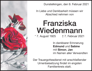Traueranzeige von Franziska Wiedenmann von Heidenheimer Zeitung