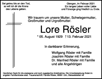 Traueranzeige von Lore Rösler von Heidenheimer Zeitung