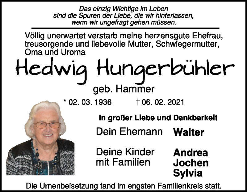  Traueranzeige für Hedwig Hungerbühler vom 27.02.2021 aus Heidenheimer Zeitung