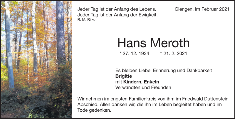  Traueranzeige für Hans Meroth vom 26.02.2021 aus Heidenheimer Zeitung