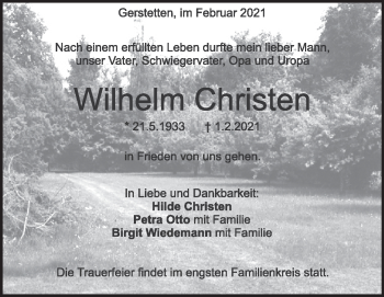 Traueranzeige von Wilhelm Christen von Heidenheimer Zeitung