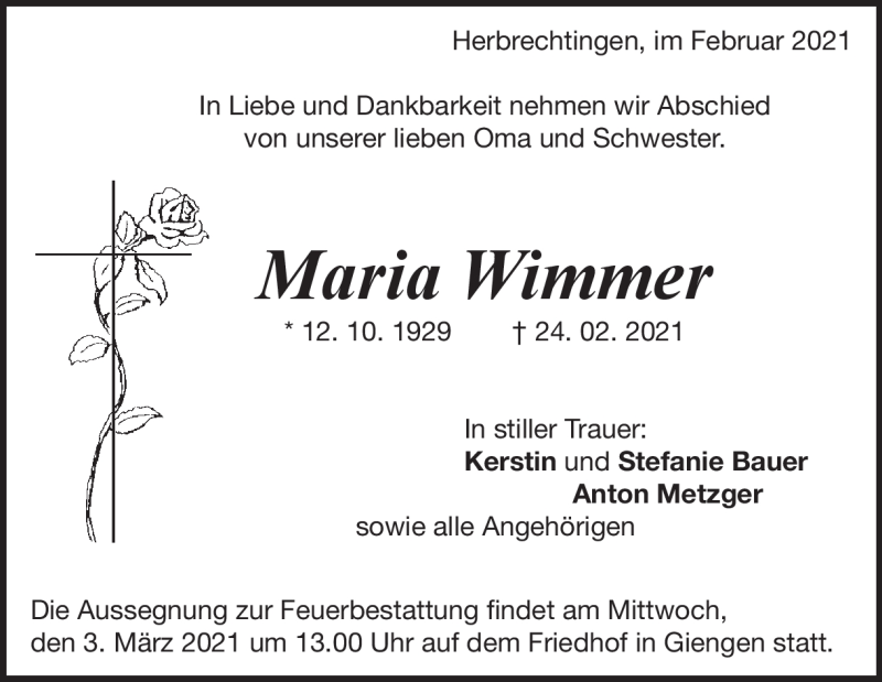  Traueranzeige für Maria Wimmer vom 27.02.2021 aus Heidenheimer Zeitung