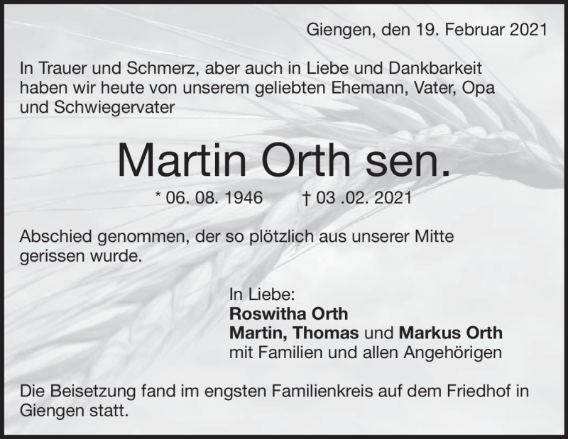  Traueranzeige für Martin Orth vom 23.02.2021 aus Heidenheimer Zeitung