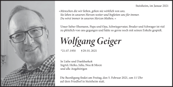 Traueranzeige von Wolfgang Geiger von Heidenheimer Zeitung