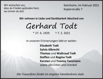 Traueranzeige von Gerhard Todt von Heidenheimer Zeitung