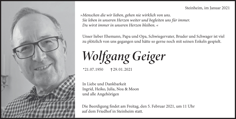  Traueranzeige für Wolfgang Geiger vom 02.02.2021 aus Heidenheimer Zeitung