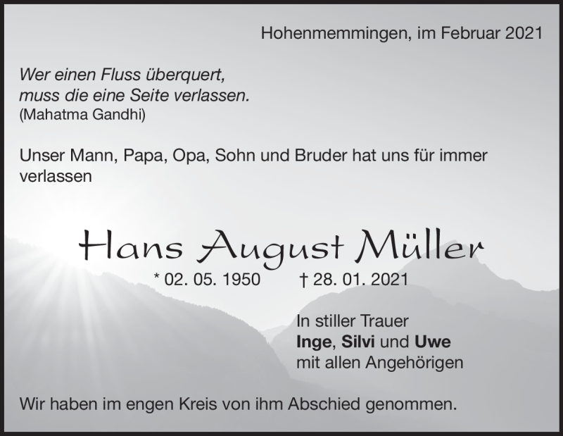  Traueranzeige für Hans Müller vom 13.02.2021 aus Heidenheimer Zeitung