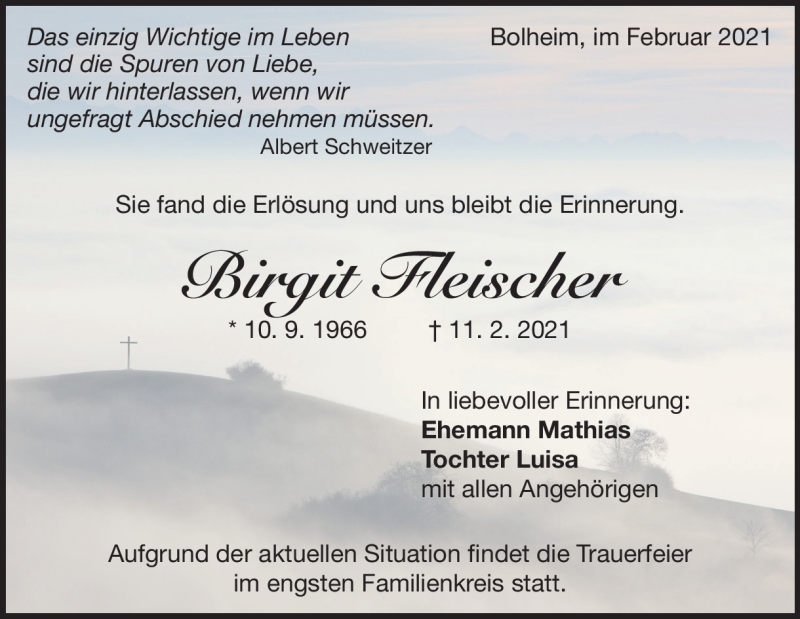  Traueranzeige für Birgit Fleischer vom 20.02.2021 aus Heidenheimer Zeitung