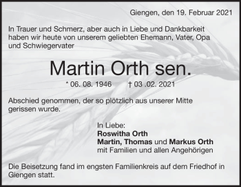 Traueranzeige von Martin Orth von Heidenheimer Zeitung