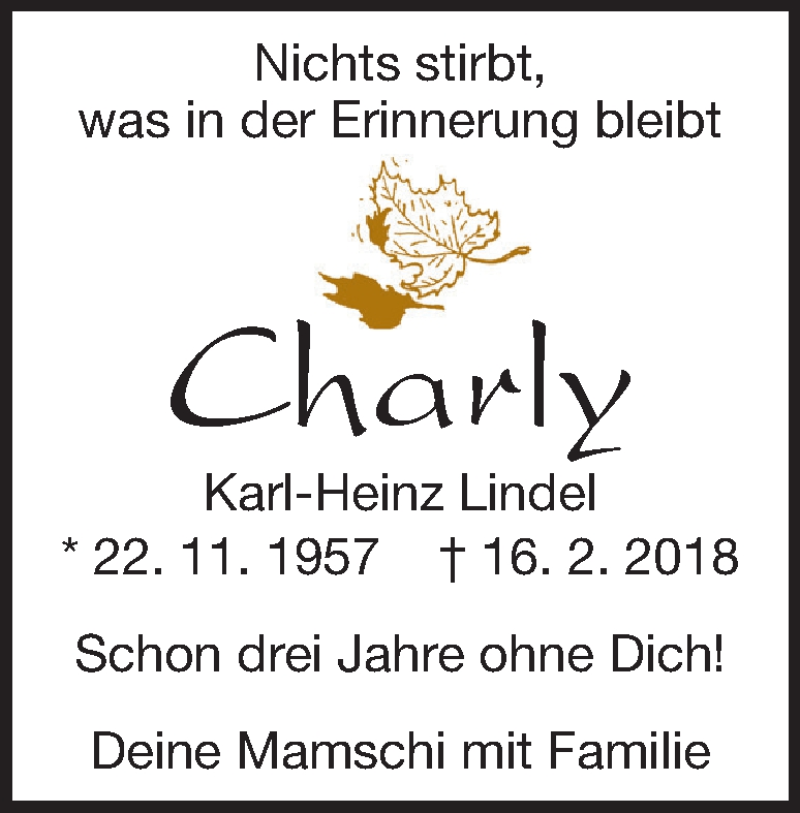  Traueranzeige für Karl-Heinz Lindel vom 16.02.2021 aus 