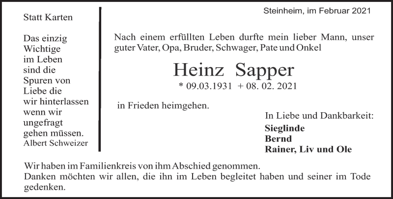  Traueranzeige für Heinz Sapper vom 20.02.2021 aus Heidenheimer Zeitung