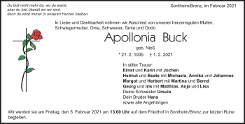 Traueranzeige von Apollonia Buck von Heidenheimer Zeitung