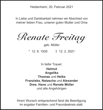 Traueranzeige von Renate Freitag von Heidenheimer Zeitung