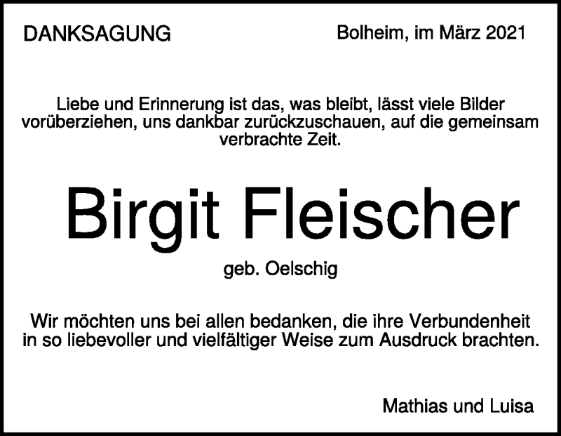 Traueranzeige für Birgit Fleischer vom 27.03.2021 aus Heidenheimer Zeitung