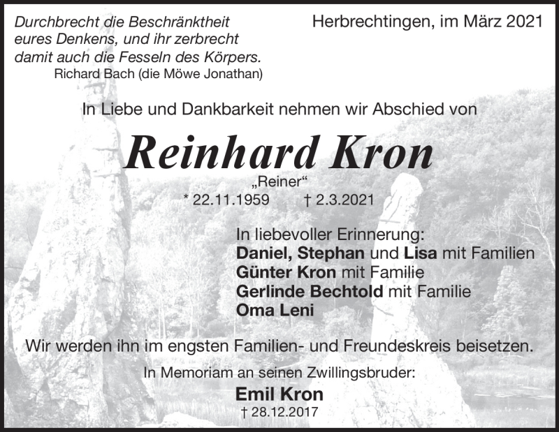  Traueranzeige für Reinhard Kron vom 10.03.2021 aus Heidenheimer Zeitung
