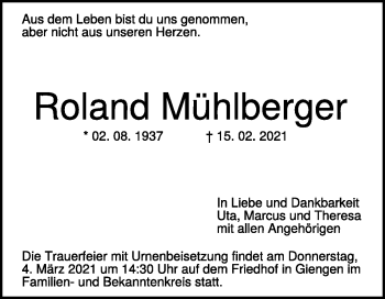 Traueranzeige von Roland Mühlberger von Heidenheimer Zeitung