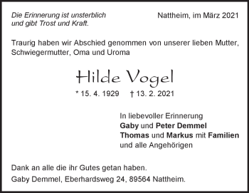 Traueranzeige von Hilde Vogel von Heidenheimer Zeitung