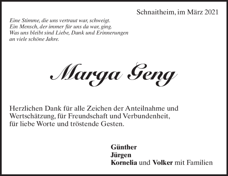  Traueranzeige für Marga Geng vom 16.03.2021 aus Heidenheimer Zeitung