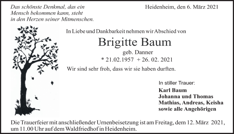  Traueranzeige für Brigitte Baum vom 06.03.2021 aus Heidenheimer Zeitung
