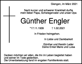 Traueranzeige von Günther Engler von Heidenheimer Zeitung