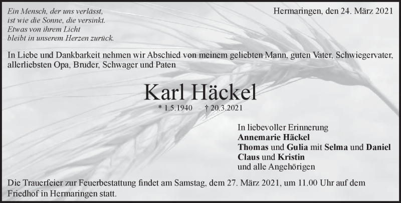 Traueranzeige für Karl Häckel vom 24.03.2021 aus Heidenheimer Zeitung