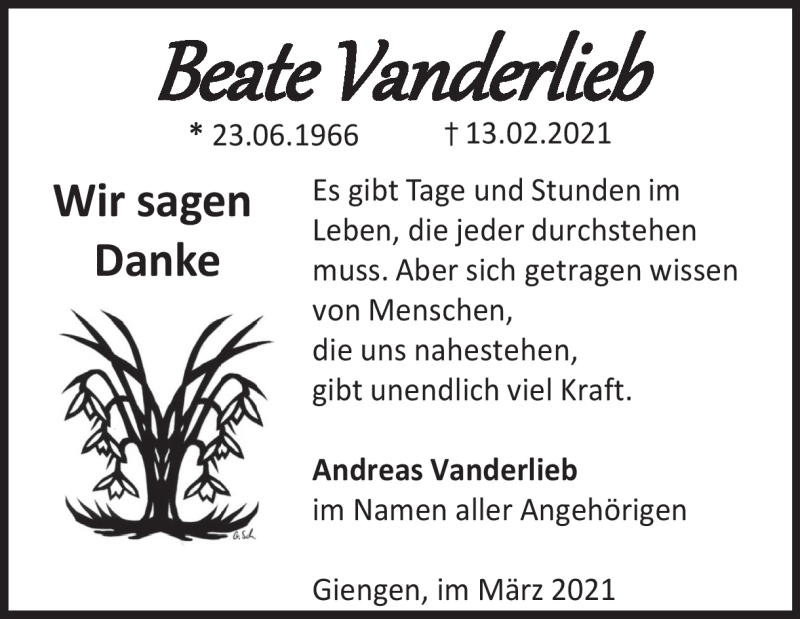  Traueranzeige für Beate Vanderlieb vom 10.03.2021 aus Heidenheimer Zeitung