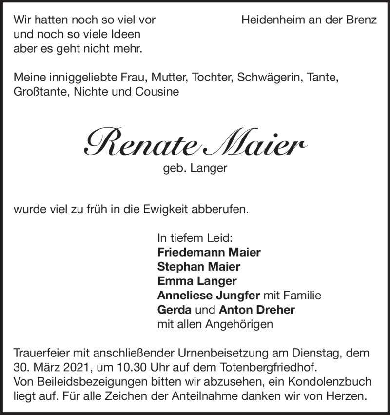  Traueranzeige für Renate Maier vom 26.03.2021 aus Heidenheimer Zeitung