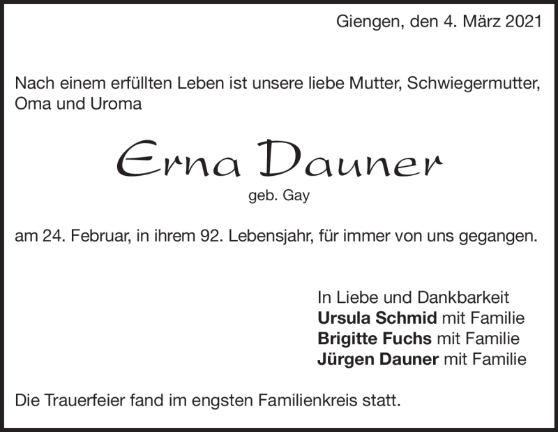  Traueranzeige für Erna Dauner vom 04.03.2021 aus Heidenheimer Zeitung
