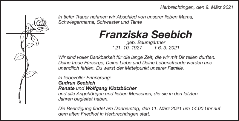  Traueranzeige für Franziska Seebich vom 09.03.2021 aus Heidenheimer Zeitung