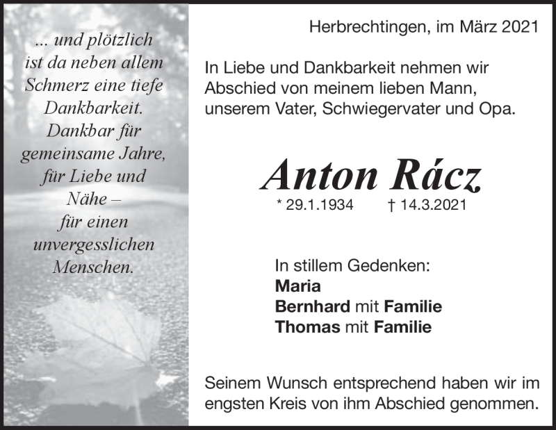  Traueranzeige für Anton Racz vom 27.03.2021 aus Heidenheimer Zeitung