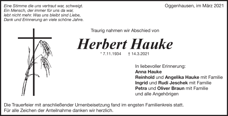  Traueranzeige für Herbert Hauke vom 27.03.2021 aus Heidenheimer Zeitung