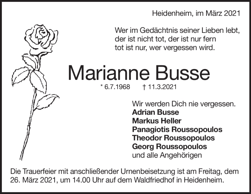  Traueranzeige für Marianne Busse vom 19.03.2021 aus Heidenheimer Zeitung