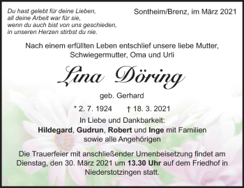 Traueranzeige von Lina Döring von Heidenheimer Zeitung