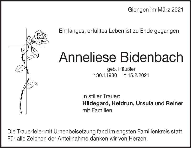  Traueranzeige für Anneliese Bidenbach vom 06.03.2021 aus Heidenheimer Zeitung
