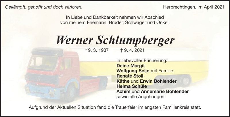  Traueranzeige für Werner Schlumpberger vom 24.04.2021 aus Heidenheimer Zeitung