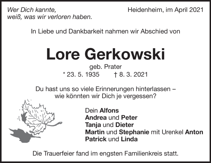  Traueranzeige für Lore Gerkowski vom 10.04.2021 aus Heidenheimer Zeitung