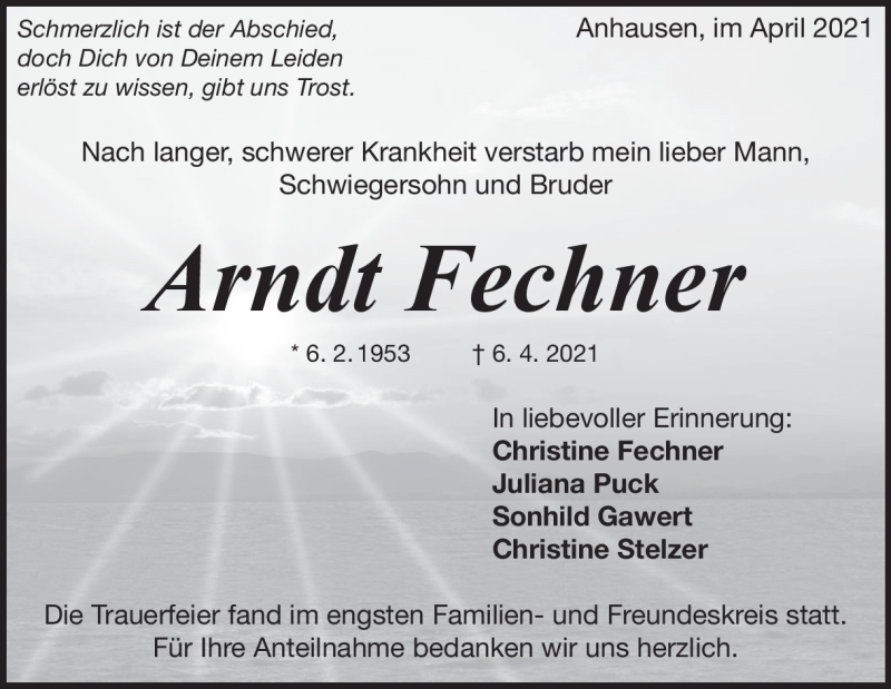  Traueranzeige für Arndt Fechner vom 24.04.2021 aus Heidenheimer Zeitung