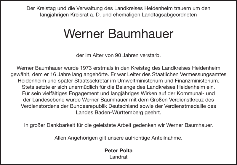  Traueranzeige für Werner Baumhauer vom 10.04.2021 aus Heidenheimer Zeitung