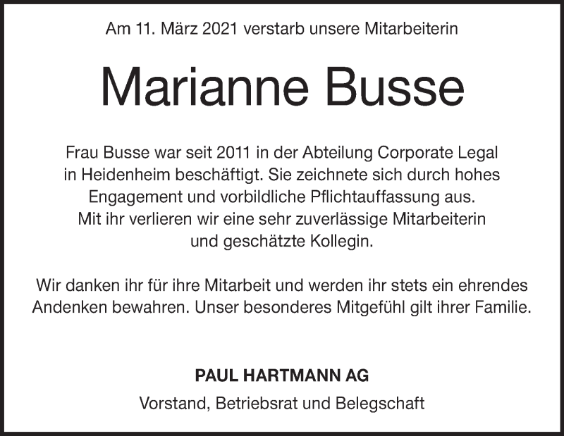  Traueranzeige für Marianne Busse vom 20.03.2021 aus Heidenheimer Zeitung