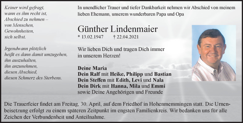  Traueranzeige für Günther Lindenmaier vom 28.04.2021 aus Heidenheimer Zeitung
