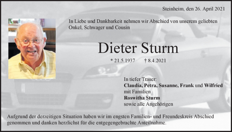  Traueranzeige für Dieter  Sturm vom 26.04.2021 aus Heidenheimer Zeitung