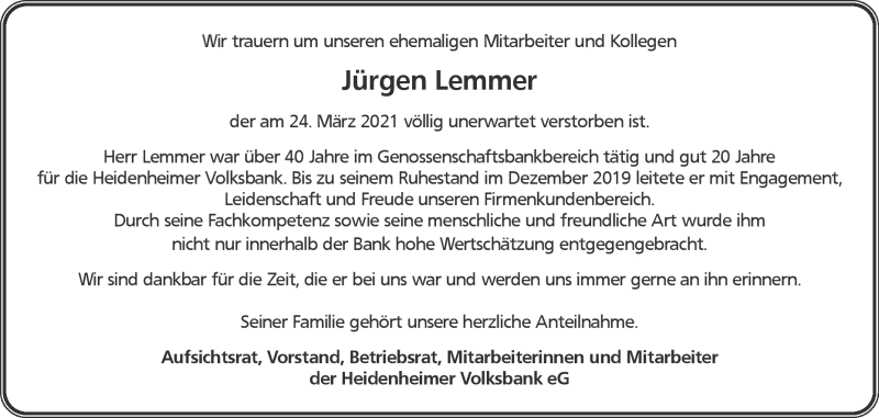  Traueranzeige für Jürgen Lemmer vom 12.04.2021 aus Heidenheimer Zeitung