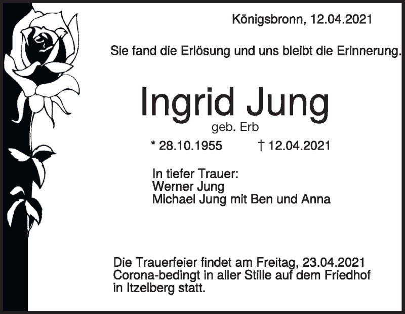  Traueranzeige für Ingrid Jung  vom 17.04.2021 aus Heidenheimer Zeitung