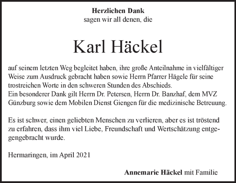  Traueranzeige für Karl Häckel vom 13.04.2021 aus Heidenheimer Zeitung