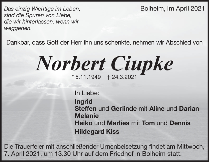  Traueranzeige für Norbert Ciupke vom 03.04.2021 aus Heidenheimer Zeitung