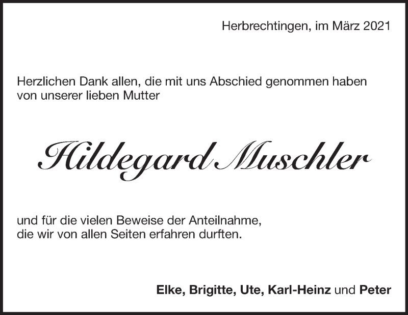  Traueranzeige für Hildegard Muschler vom 26.03.2021 aus Heidenheimer Zeitung