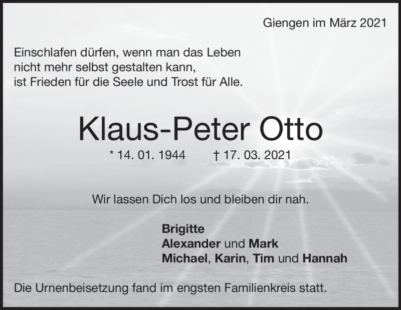  Traueranzeige für Klaus-Peter Otto vom 10.04.2021 aus Heidenheimer Zeitung