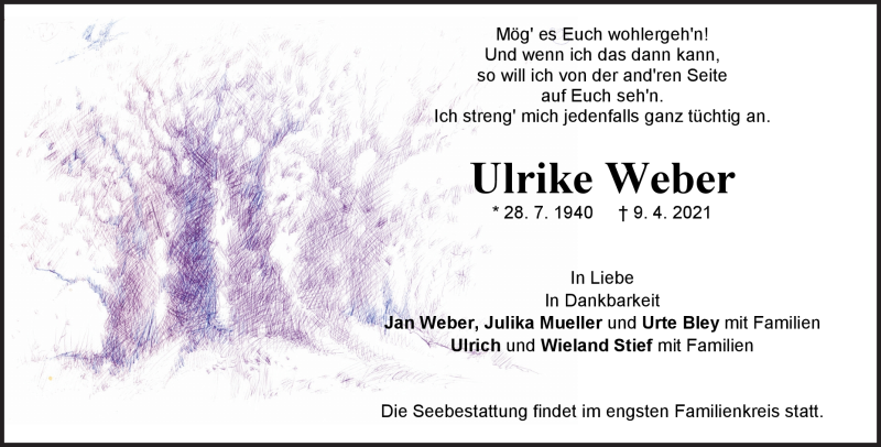  Traueranzeige für Ulrike Weber vom 17.04.2021 aus Heidenheimer Zeitung