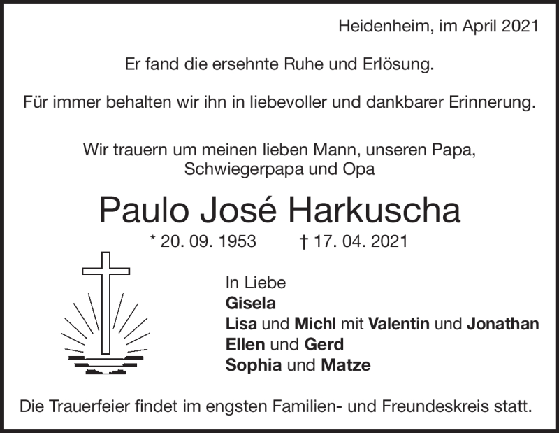  Traueranzeige für Paulo Jose Harkuscha vom 21.04.2021 aus Heidenheimer Zeitung